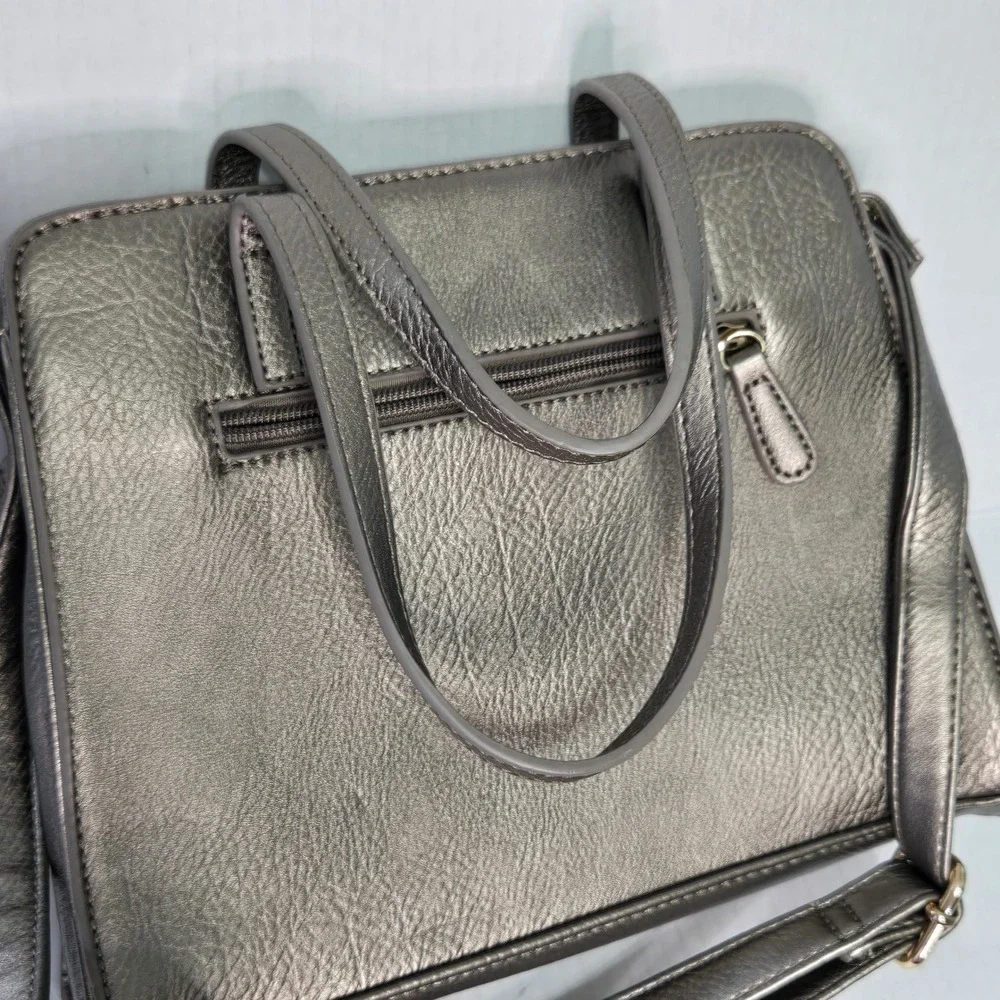 Metallic Pewter Perforated Leather Satchel Crossbody Bag Gunmetal Gray Gold Zip